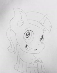 Size: 1579x2012 | Tagged: safe, artist:andandampersand, derpibooru exclusive, imported from derpibooru, oc, oc only, oc:cyan lightning, pony, unicorn, bust, clothes, fluffy, lines, monochrome, portrait, scarf, smiling, solo, traditional art
