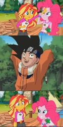 Size: 295x591 | Tagged: safe, imported from derpibooru, pinkie pie, sunset shimmer, equestria girls, legend of everfree, discovery kids, dragon ball, dragon ball z, dragonball z abridged, goku, meme, son goku, sunset sees things