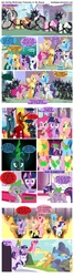 Size: 4962x18600 | Tagged: safe, artist:teammagix, imported from derpibooru, applejack, fluttershy, pinkie pie, princess celestia, queen chrysalis, rainbow dash, rarity, spike, sunset shimmer, twilight sparkle, twilight sparkle (alicorn), oc, alicorn, changeling, pony, comic:sun setting misfortune, absurd resolution, comic, corrupted celestia, fire, fourth wall, mane six, nightmare sunset, possessed, possesstia