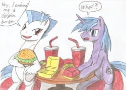 Size: 2336x1662 | Tagged: safe, artist:stardustchild01, imported from derpibooru, oc, oc only, oc:paleosteno, oc:saberspark, pegasus, pony, unicorn, burger, food, french fries, soda, traditional art