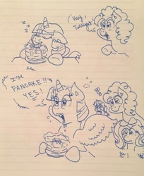 Size: 2183x2669 | Tagged: safe, artist:faunaflight, imported from derpibooru, fluttershy, pinkie pie, rainbow dash, twilight sparkle, twilight sparkle (alicorn), alicorn, pony, doodle, food, monochrome, pancakes, sleeping, traditional art, zzz