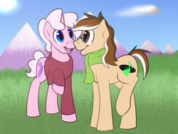 Size: 1024x768 | Tagged: safe, artist:timidwithapen, imported from derpibooru, oc, oc only, oc:andante, oc:drawalot, earth pony, pony, unicorn, clothes, jumper, scarf, text