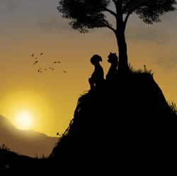 Size: 1024x1014 | Tagged: safe, artist:vadkaart, imported from derpibooru, oc, oc only, human, pony, duo, silhouette, sunset, tree