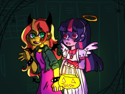 Size: 1024x768 | Tagged: safe, artist:jackytheripperart, imported from derpibooru, sunset shimmer, twilight sparkle, equestria girls, alternate clothes, alternate costumes, angel, bracelet, devil, devil horns, female, halloween, halloween costume, holding hands, jewelry, lesbian, pumpkin bucket, shipping, spiked wristband, sunsetsparkle, twilight sparkle (alicorn)