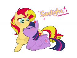 Size: 1024x768 | Tagged: safe, artist:extraluna, imported from derpibooru, sunset shimmer, twilight sparkle, alicorn, pony, unicorn, blushing, cuddling, cute, eyes closed, female, lesbian, looking down, mare, ponyloaf, prone, shimmerbetes, shipping, simple background, snuggling, sunsetsparkle, twiabetes, twilight sparkle (alicorn), white background