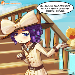 Size: 750x750 | Tagged: safe, artist:lumineko, imported from derpibooru, rarity, equestria girls, ppov, based, belt, clothes, costume, cupcake, cute, darling, dress, equestria girls interpretation, female, food, hat, ice cream, raristocrat, rose dewitt bukater, scene interpretation, solo, suit, titanic