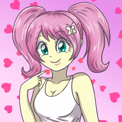 Size: 3264x3258 | Tagged: safe, artist:sumin6301, imported from derpibooru, fluttershy, equestria girls, adorasexy, alternate hairstyle, breasts, cleavage, clothes, cute, female, looking at you, pigtails, sexy, shyabetes, smiling, solo, tanktop, twintails