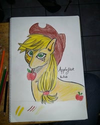 Size: 640x800 | Tagged: safe, artist:beatsubi, imported from derpibooru, applejack, apple, coloring, draw, drawing, female, food, looking at you, pencil drawing, scratches, scratching, solo, traditional art