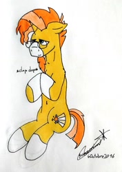 Size: 1222x1723 | Tagged: safe, artist:summerium, imported from derpibooru, sunburst, pony, unicorn, belly button, cute, male, solo, traditional art