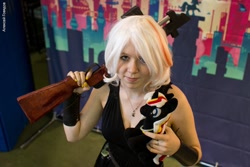 Size: 1024x683 | Tagged: artist needed, safe, imported from derpibooru, oc, oc only, oc:velvet remedy, human, fallout equestria, 2016, clothes, cosplay, costume, irl, irl human, photo, plushie, rubronycon