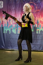Size: 683x1024 | Tagged: artist needed, safe, artist:vincher, imported from derpibooru, oc, oc only, oc:velvet remedy, human, fallout equestria, 2016, clothes, cosplay, costume, gun, high heels, irl, irl human, photo, plushie, rubronycon, shoes, weapon