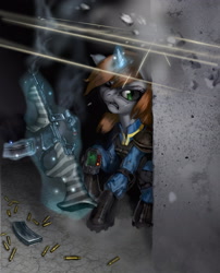 Size: 3140x3888 | Tagged: safe, artist:vombavr, imported from derpibooru, oc, oc only, oc:littlepip, pony, unicorn, fallout equestria, clothes, fanfic, fanfic art, female, fight, glowing horn, gun, hooves, horn, jumpsuit, levitation, magic, mare, optical sight, pipbuck, rifle, solo, telekinesis, vault suit, weapon, zebra rifle