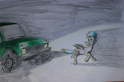 Size: 5184x3456 | Tagged: safe, artist:bumskuchen, imported from derpibooru, oc, oc only, oc:blue moon, pegasus, pony, car, lada, lada niva, solo, traditional art