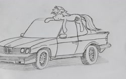 Size: 4640x2904 | Tagged: safe, artist:bumskuchen, imported from derpibooru, oc, oc only, oc:shifting gear, bmw, bmw 3-series, bmw e30, car, lying down, monochrome, newbie artist training grounds, sketch, sleeping, solo, traditional art