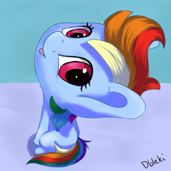 Size: 4000x4000 | Tagged: safe, artist:dbleki, imported from derpibooru, rainbow dash, absurd resolution, female, filly, filly rainbow dash, impossibly large head, looking at you, solo, tongue out, wingless