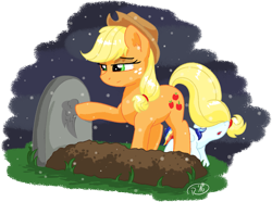 Size: 1915x1428 | Tagged: safe, artist:ruushiicz, imported from derpibooru, applejack, rainbow dash, oc, appledash, feels, female, gravestone, implied death, lesbian, magical lesbian spawn, night, offspring, parent:applejack, parent:rainbow dash, parents:appledash, shipping, simple background, transparent background