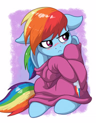 Size: 1275x1650 | Tagged: safe, artist:latecustomer, imported from derpibooru, rainbow dash, pegasus, pony, blushing, clothes, cute, dashabetes, female, floppy ears, mare, oversized clothes, rainbow dash always dresses in style, solo, sweater, tsunderainbow, tsundere