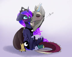 Size: 1600x1269 | Tagged: safe, artist:elementalokami, imported from derpibooru, discord, princess luna, blushing, kissing, lunacord, male, shipping, straight