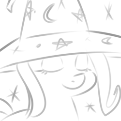 Size: 500x500 | Tagged: dead source, safe, artist:reiduran, imported from derpibooru, trixie, pony, unicorn, eyes closed, female, grayscale, mare, monochrome, simple background, sketch, smiling, solo, sparkles, trixie's hat, white background