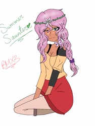 Size: 768x1024 | Tagged: safe, artist:brickercupmasterx3, imported from derpibooru, oc, oc only, oc:summer saunter, legend of everfree, dark skin, flower, flower in hair, human coloration, lidded eyes, offspring, one eye closed, parent:fluttershy, parent:timber spruce, parents:timbershy, simple background, solo, white background, wink