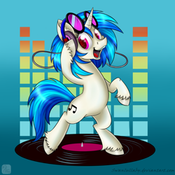 Size: 800x800 | Tagged: safe, artist:swanlullaby, imported from derpibooru, dj pon-3, vinyl scratch, pony, unicorn, abstract background, bipedal, colored hooves, cutie mark, female, headphones, hooves, horn, looking at you, magenta eyes, mare, open mouth, record, solo, spinning, sunglasses, teeth, unshorn fetlocks