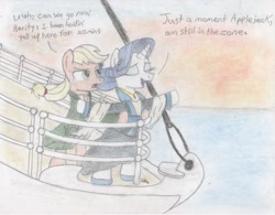 Size: 1089x850 | Tagged: safe, artist:brogararts, imported from derpibooru, applejack, rarity, ppov, clothes, dialogue, female, lesbian, rarijack, shipping, titanic, traditional art