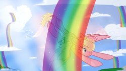 Size: 3840x2160 | Tagged: safe, artist:cloureed, imported from derpibooru, oc, oc only, oc:roseburn, pegasus, pony, cloud art, flying, long tail, rainbows, solo, special talent