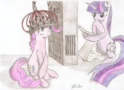 Size: 2304x1664 | Tagged: safe, artist:stardustchild01, imported from derpibooru, pinkie pie, twilight sparkle, feeling pinkie keen, machine, traditional art