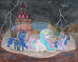 Size: 3344x2680 | Tagged: safe, artist:malte279, imported from derpibooru, princess celestia, princess luna, spike, twilight sparkle, alicorn, pony, aquarelle, fanfic, fanfic art, lessons in quirks, lightning, night, ponyville, rain, thunderstorm, twilight sparkle (alicorn)