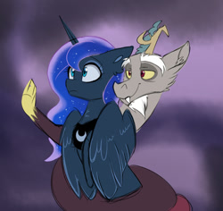 Size: 1109x1047 | Tagged: safe, artist:elementalokami, imported from derpibooru, discord, princess luna, coils, lunacord, male, shipping, straight