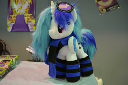 Size: 2560x1708 | Tagged: artist needed, safe, imported from derpibooru, dj pon-3, vinyl scratch, 2016, clothes, cute, fluffy, irl, photo, plushie, rubronycon, scarf, socks, solo, striped scarf, striped socks, vinylbetes