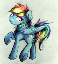 Size: 1024x1140 | Tagged: safe, artist:agletka, imported from derpibooru, rainbow dash, female, raised hoof, simple background, solo, traditional art, white background