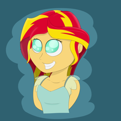 Size: 1500x1500 | Tagged: safe, artist:vengefulstrudel, imported from derpibooru, sunset shimmer, equestria girls, arm behind back, blue background, bust, female, no pupils, simple background, smiling, solo