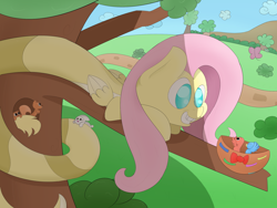 Size: 2000x1500 | Tagged: safe, artist:vengefulstrudel, imported from derpibooru, fluttershy, bird, butterfly, lamia, original species, rabbit, squirrel, cloud, fluttersnake, grin, lamiafied, lamiashy, nest, no pupils, shadow, smiling, species swap, tree