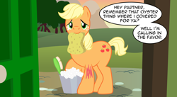 Size: 4600x2529 | Tagged: safe, artist:badumsquish, derpibooru exclusive, imported from derpibooru, applejack, big macintosh, earth pony, pony, magic duel, big jackintosh, bodypaint, brush, bubble, bucket, dialogue, disguise, door, looking at you, male, mouth hold, smiling, soap, solo, sponge, stallion, story included, talking to viewer, this will end in bath time