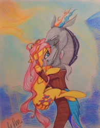 Size: 2854x3653 | Tagged: safe, artist:byannss, imported from derpibooru, discord, fluttershy, to where and back again, discoshy, hug, male, shipping, straight, traditional art