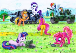 Size: 3921x2727 | Tagged: safe, artist:olgfox, imported from derpibooru, applejack, fluttershy, pinkie pie, rainbow dash, rarity, twilight sparkle, pony, butt, mane six, plot, russian, tank (vehicle)