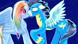 Size: 1024x587 | Tagged: safe, artist:neonspirit17, imported from derpibooru, rainbow dash, soarin', pony, duo, kissing, male, shipping, soarindash, straight