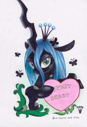 Size: 2689x3921 | Tagged: safe, artist:olgfox, imported from derpibooru, queen chrysalis, butterfly, changeling, changeling queen, crown, female, heart, jewelry, regalia, simple background, solo, traditional art, valentine, valentine's day, white background