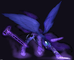 Size: 800x647 | Tagged: source needed, useless source url, safe, artist:backlash91, imported from derpibooru, princess luna, fanfic:hold your hammer high, fanfic:the night is passing, armor, badass, black background, ethereal mane, fanfic, fanfic art, fangs, female, flowing mane, galaxy mane, glare, glowing horn, hammer, hoof blades, horn, levitation, magic, mare, nightmare luna, one leg raised, open mouth, raised hoof, simple background, slit eyes, slit pupils, solo, spread wings, starry mane, telekinesis, the night is passing, war hammer, warrior luna, weapon