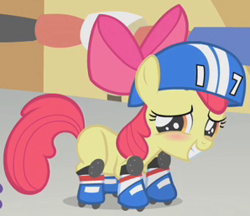 Size: 298x258 | Tagged: safe, imported from derpibooru, screencap, apple bloom, pony, call of the cutie, female, helmet, outfit catalog, roller derby, roller skates, solo