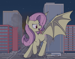 Size: 2932x2306 | Tagged: safe, artist:rapidstrike, imported from derpibooru, part of a set, fluttershy, bat pony, human, pony, series:giant flutterbat, bus, butt bump, city, destruction, flutterbat, giant pony, loss (meme), macro, night, open mouth, part of a series, people, red eyes, solo focus, stars, tongue out, vehicle