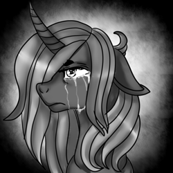 Size: 1024x1024 | Tagged: safe, artist:brainiac, imported from derpibooru, oc, oc only, oc:rose sniffer, pony, unicorn, black and white, bust, crying, female, floppy ears, frown, grayscale, mare, monochrome, portrait, solo