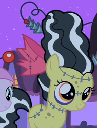 Size: 414x549 | Tagged: safe, imported from derpibooru, screencap, apple bloom, monster pony, pony, luna eclipsed, bride of frankenstein, clothes, costume, female, frankenstein's monster, monster mare, nightmare night, outfit catalog, solo, stitches