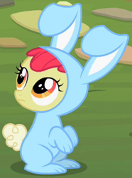 Size: 233x314 | Tagged: safe, imported from derpibooru, screencap, apple bloom, earth pony, pony, family appreciation day, bunny costume, clothes, cropped, female, filly, looking up, outfit catalog, sitting up, solo