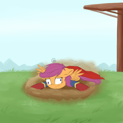 Size: 2000x2000 | Tagged: safe, artist:vanillaghosties, imported from derpibooru, scootaloo, pegasus, pony, clothes, costume, crash, derp, dizzy, fail, female, scootacrash, scootaloo can't fly, solo, supergirl, superman