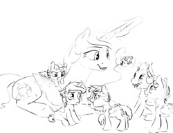 Size: 1280x989 | Tagged: safe, artist:silfoe, imported from derpibooru, princess celestia, princess flurry heart, oc, oc:eventide glisten, oc:pterus, oc:twilight dapple, alicorn, bat pony, pony, other royal book, royal sketchbook, adopted offspring, alicorn oc, black and white, grayscale, magical lesbian spawn, monochrome, offspring, parent:princess cadance, parent:princess luna, parent:shining armor, parent:twilight sparkle, parents:shiningcadance, parents:twiluna, simple background, unnamed pony, white background