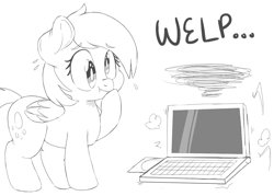 Size: 1172x841 | Tagged: safe, artist:purple-yoshi-draws, imported from derpibooru, derpy hooves, pegasus, pony, broken, computer, female, i just don't know what went wrong, laptop computer, lineart, mare, monochrome, simple background, solo, white background