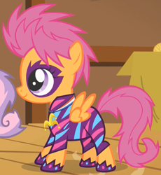 Size: 402x437 | Tagged: safe, imported from derpibooru, screencap, scootaloo, sweetie belle, pony, the show stoppers, clothes, cropped, face paint, outfit catalog, show stopper outfits, solo focus