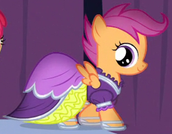 Size: 287x224 | Tagged: safe, imported from derpibooru, screencap, apple bloom, scootaloo, pegasus, pony, simple ways, clothes, cute, cutealoo, dress, female, filly, foal, outfit catalog, shoes, side view, spread wings, wings